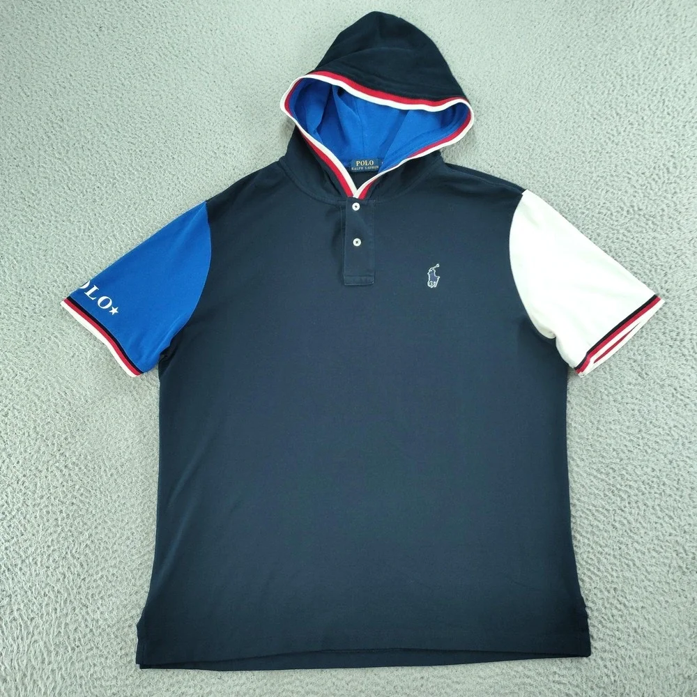 Polo Ralph Lauren Polo Shirt Mens Large Blue Hooded Colorblock Tricolor